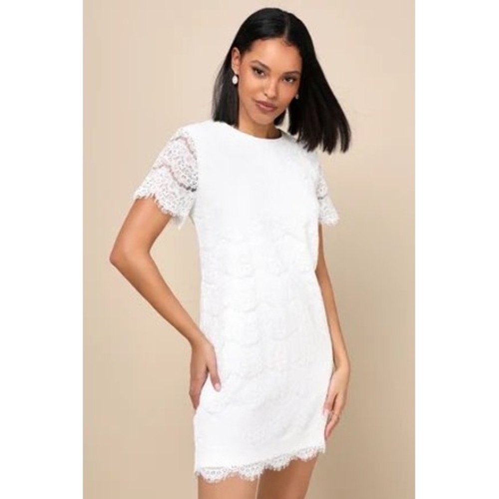 Lulus White Floral Lace Shift Dress Short Sleeve Bridal Graduation Mini Small